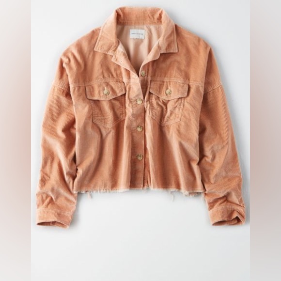 American Eagle Corduroy Cropped Raw Hem Button Front Shirt Jacket Shacket - Picture 1 of 8